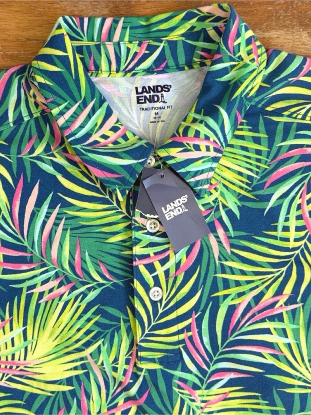Lands End Mens Polo Shirt Size Medium NWT Tropical Palm Leaf Green Cotton Modal